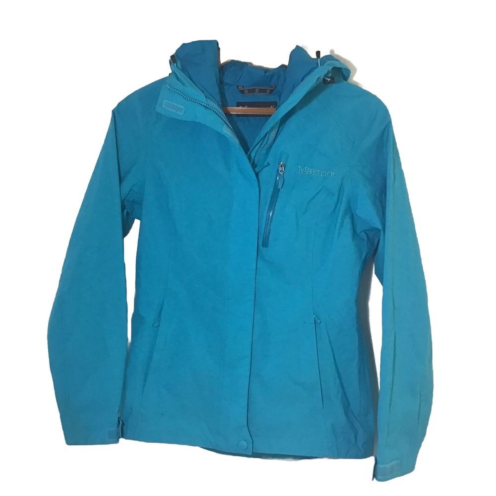 Marmot Jacket Women XS/TP Aqua Full Zip Hood Rain Windbreaker Nylon Packable